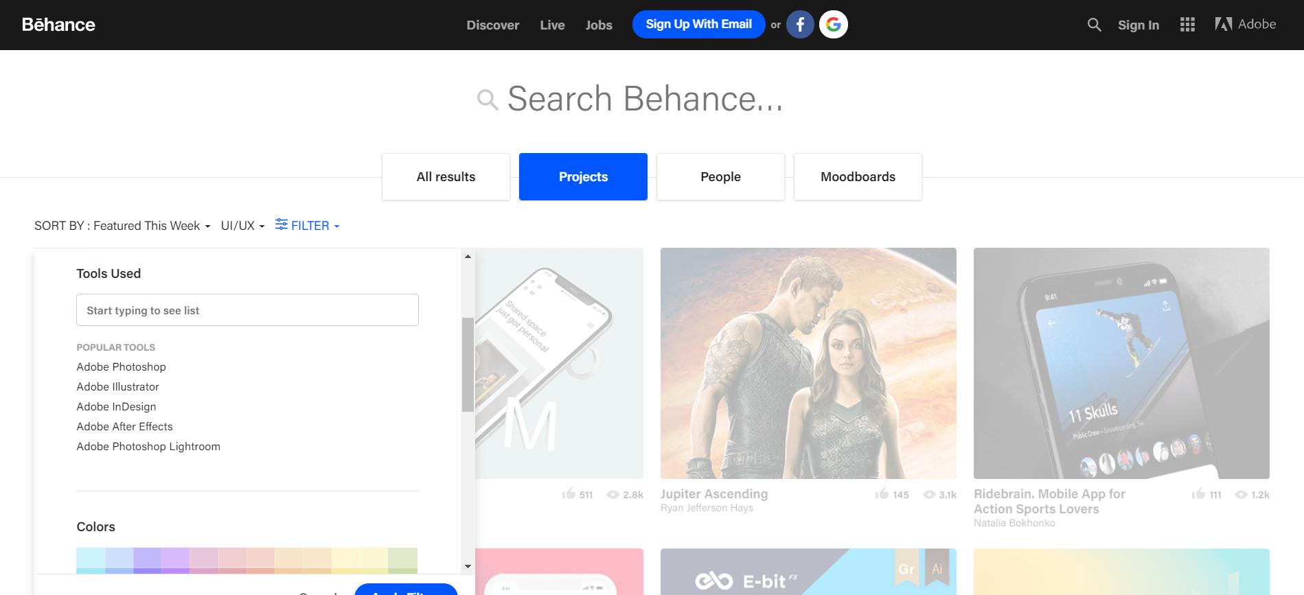 Behance homepage and search filters