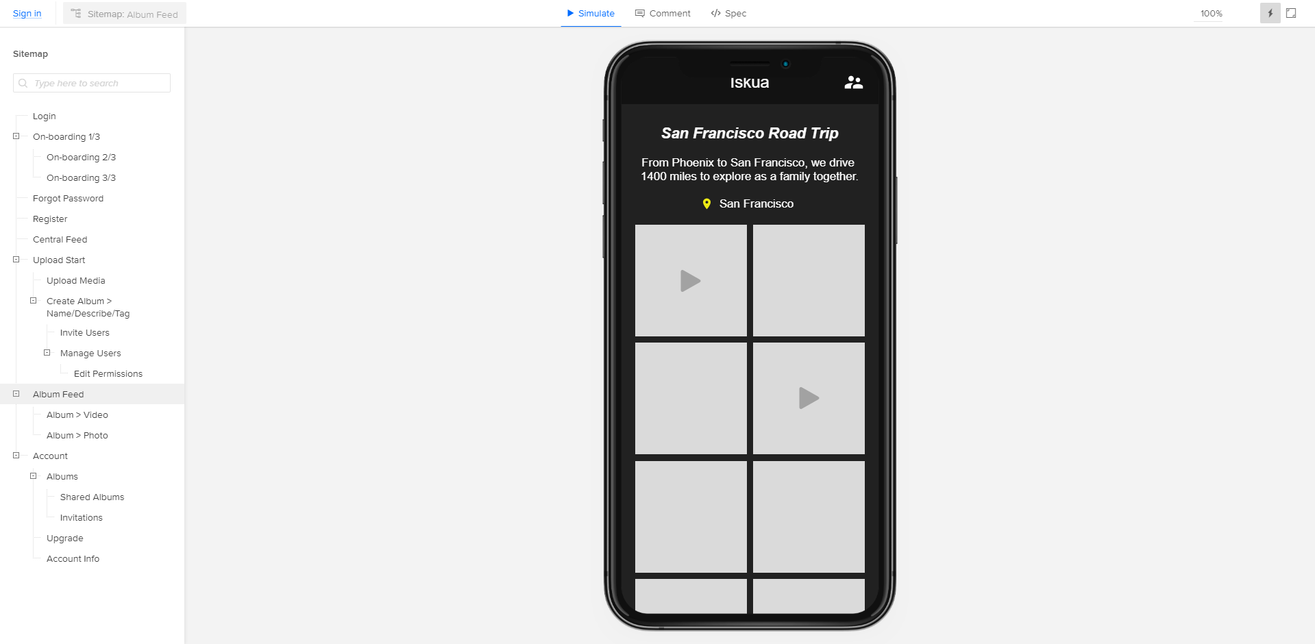 A mobile application wireframe on UXPin displaying the "Album Feed" page