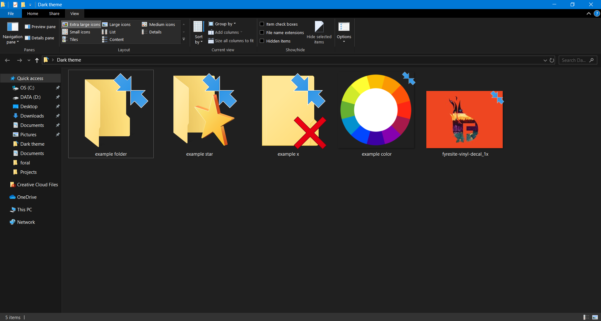 The same folders and images in file explorer on dark Windows 10