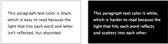 An example from UX Movement that compares black-on-white text side-by-side against white-on-black text