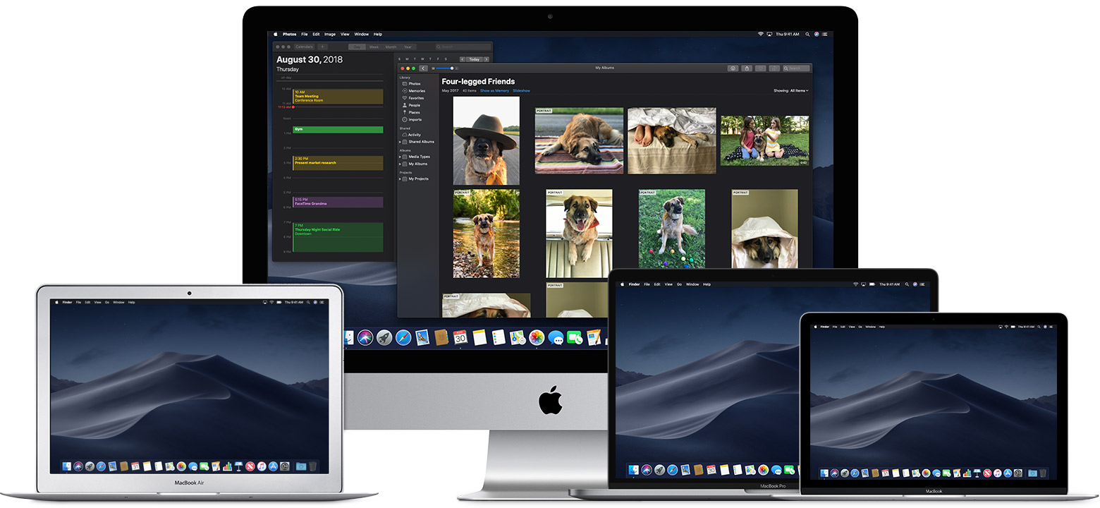 MacOS Mojave dark theme on four different devices from the Apple website