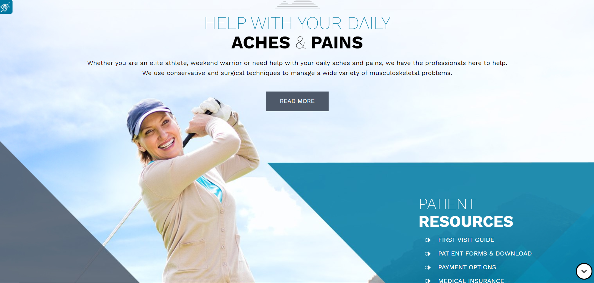Another screenshot of the Arizona Orthopedic and Fracture Surgeon website depicting a woman playing golf. The graphics on this page have sharp edges.
