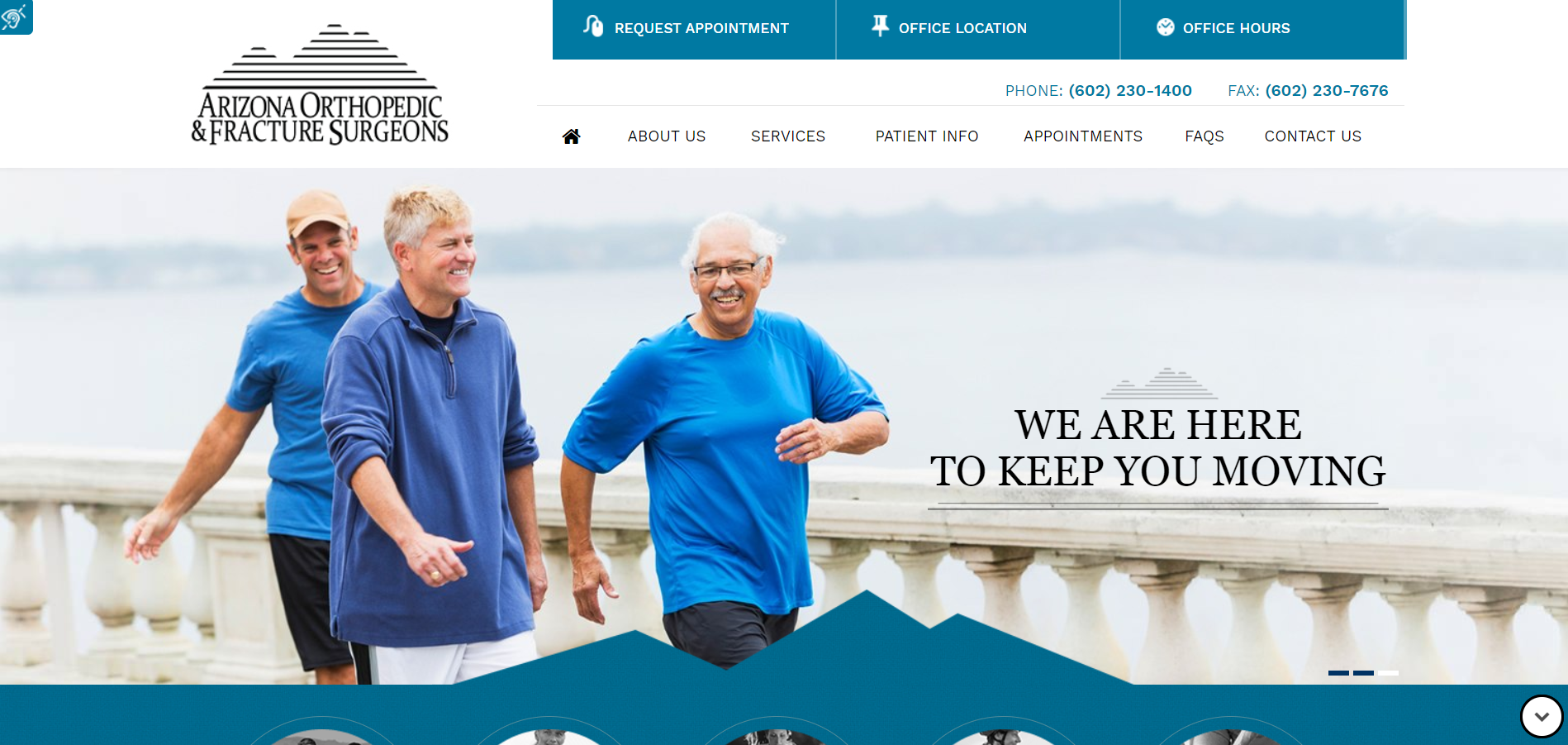 The home page of the Arizona Orthopedic and Fracture Surgeons website, which depicts mountain-shaped graphics and elderly patients exercising 