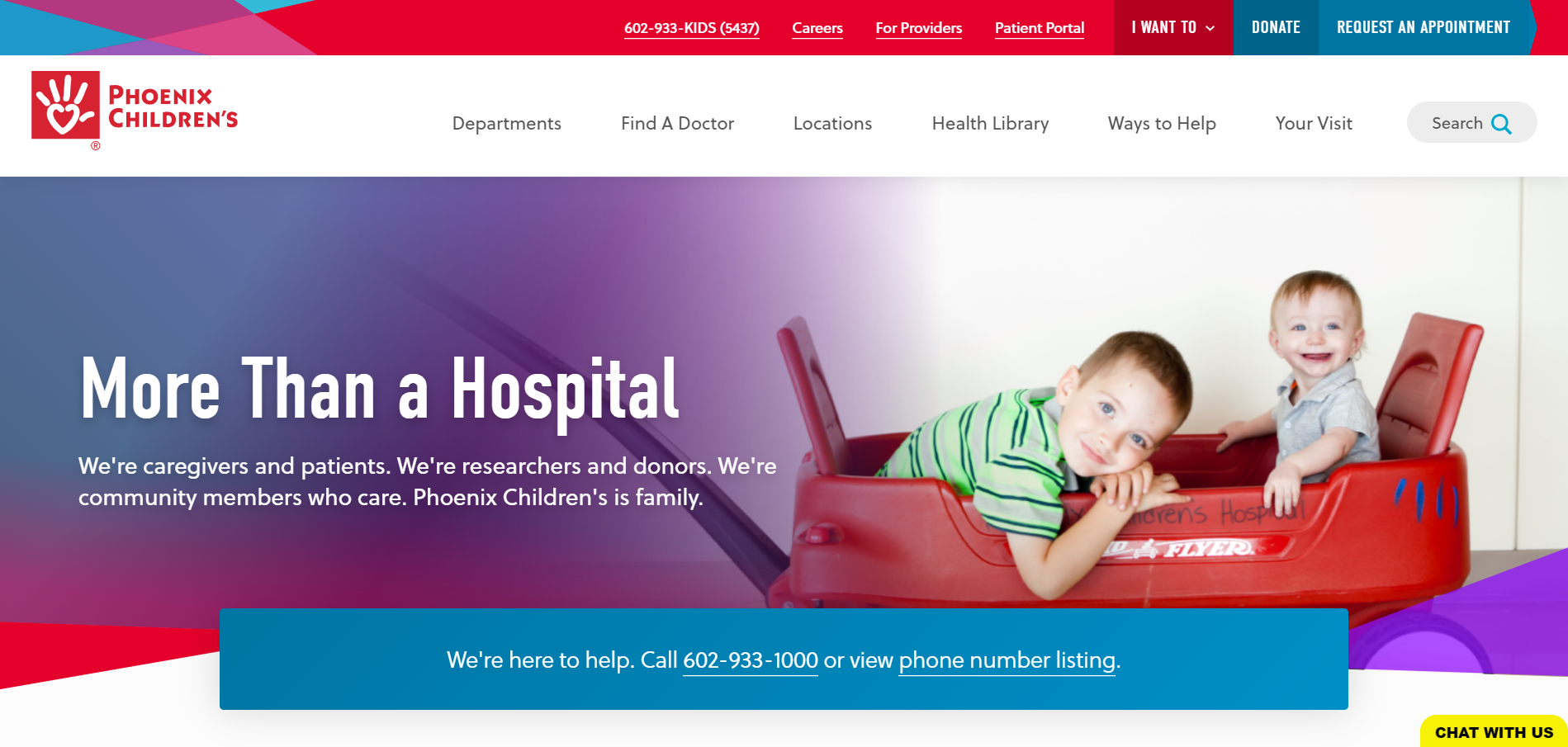 The Phoenix Children's Hospital website uses bright colors and fun graphics