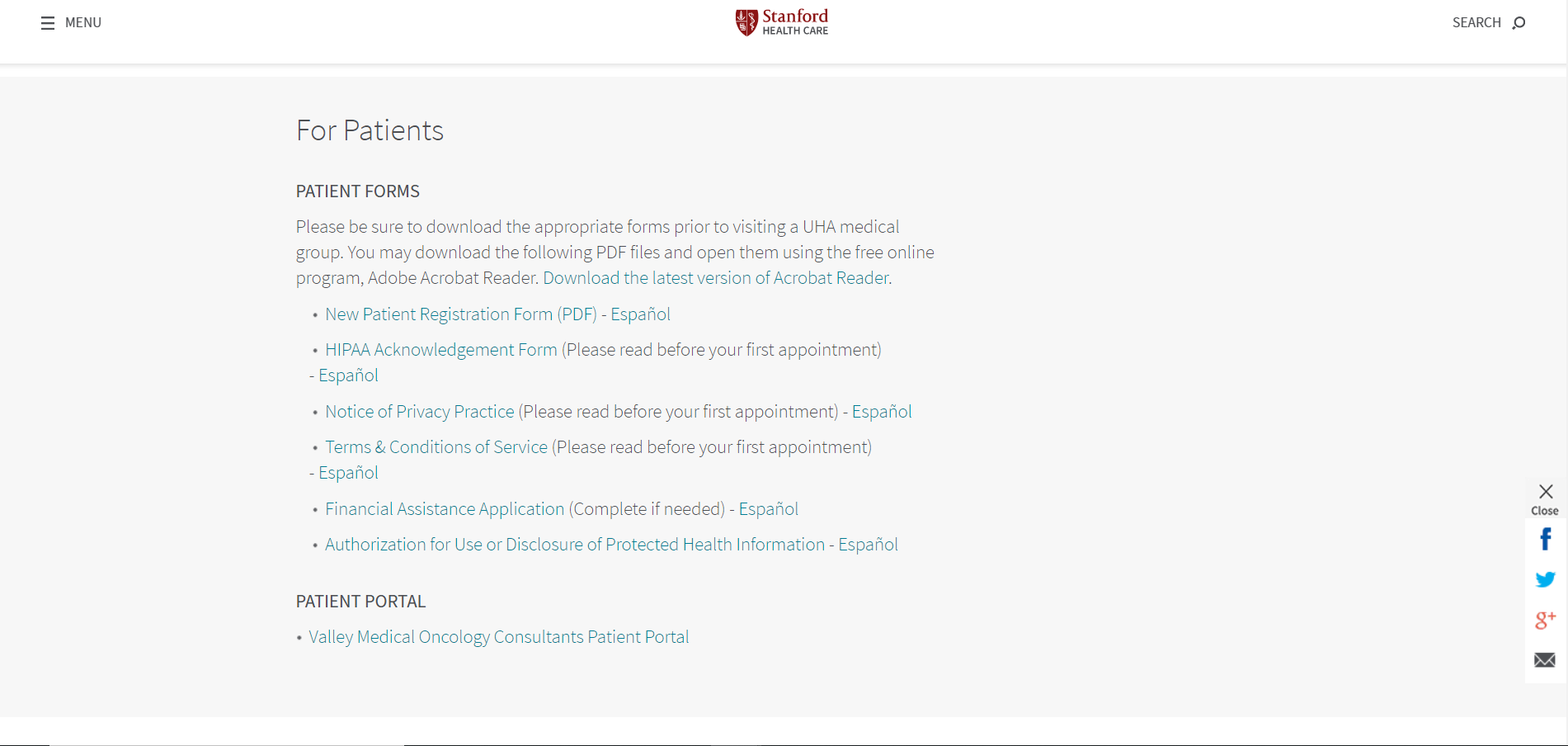 the VMOC "for patients" page," which includes patient forms and a patient portal