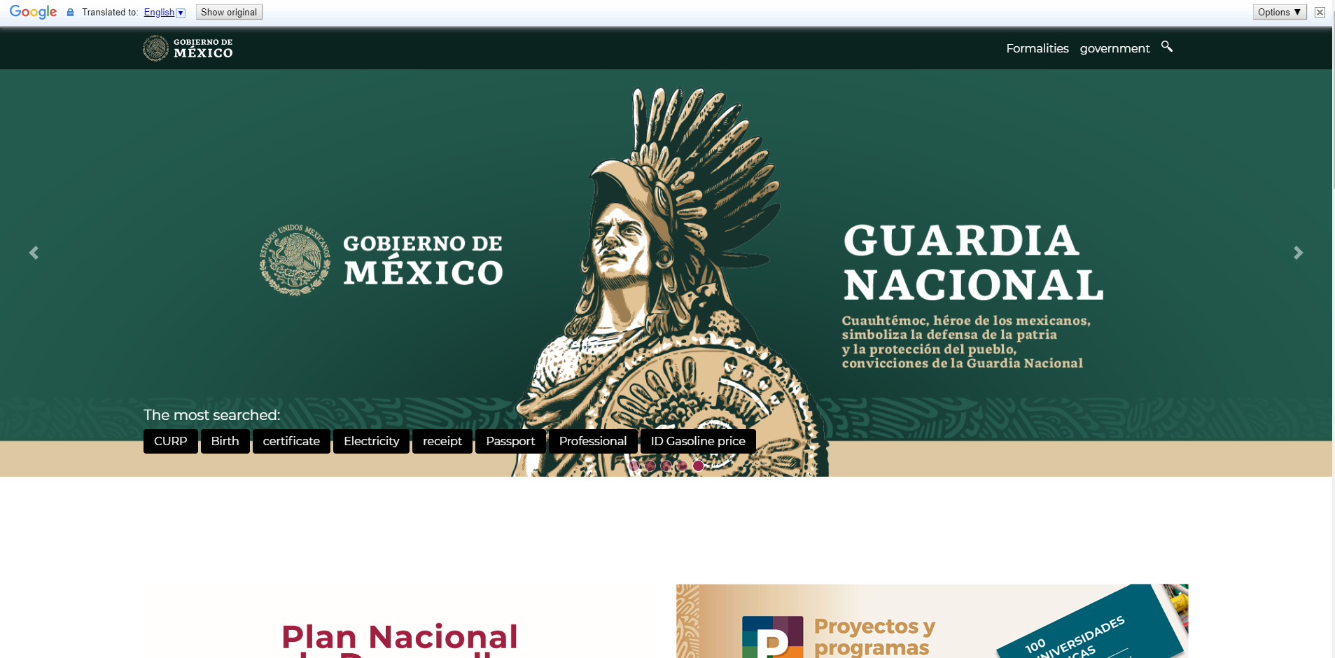 Gobierno de México website in English. Not all of the text is translated because a lot of it is included in an image