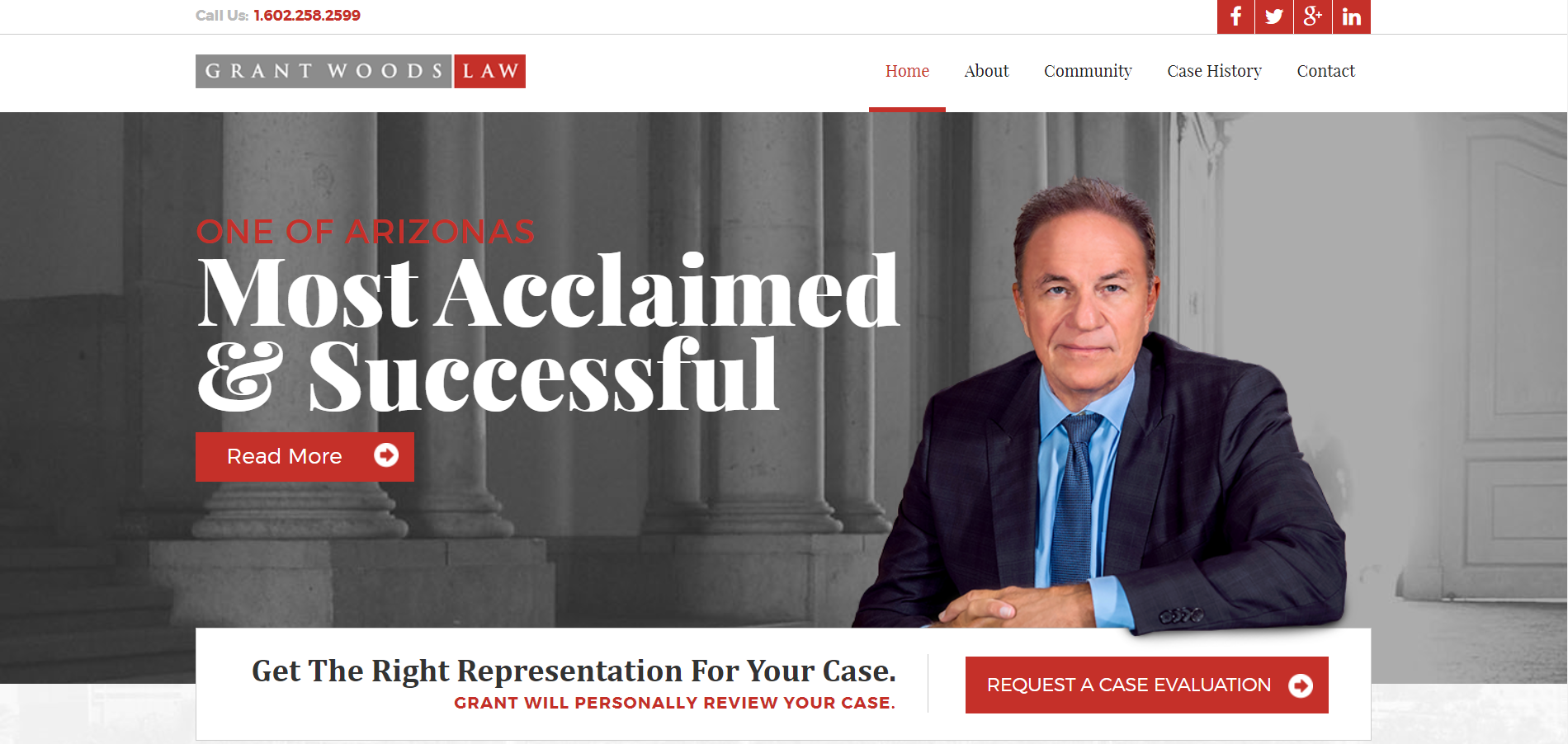 Grant Woods Law website with a face photo featured on the header