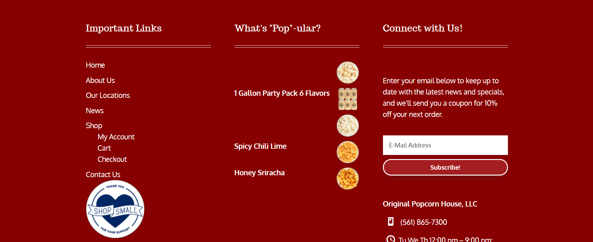 The Oiginal Popcorn House page lists their most popular flavors under a title reading "What's Pop-ular." The flavors are accompanied by images.