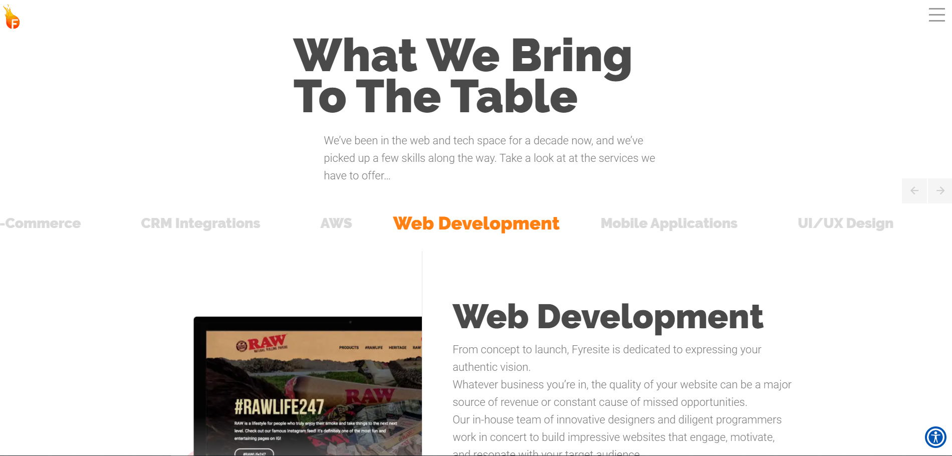 Fyresite "what we bring to the table" page
