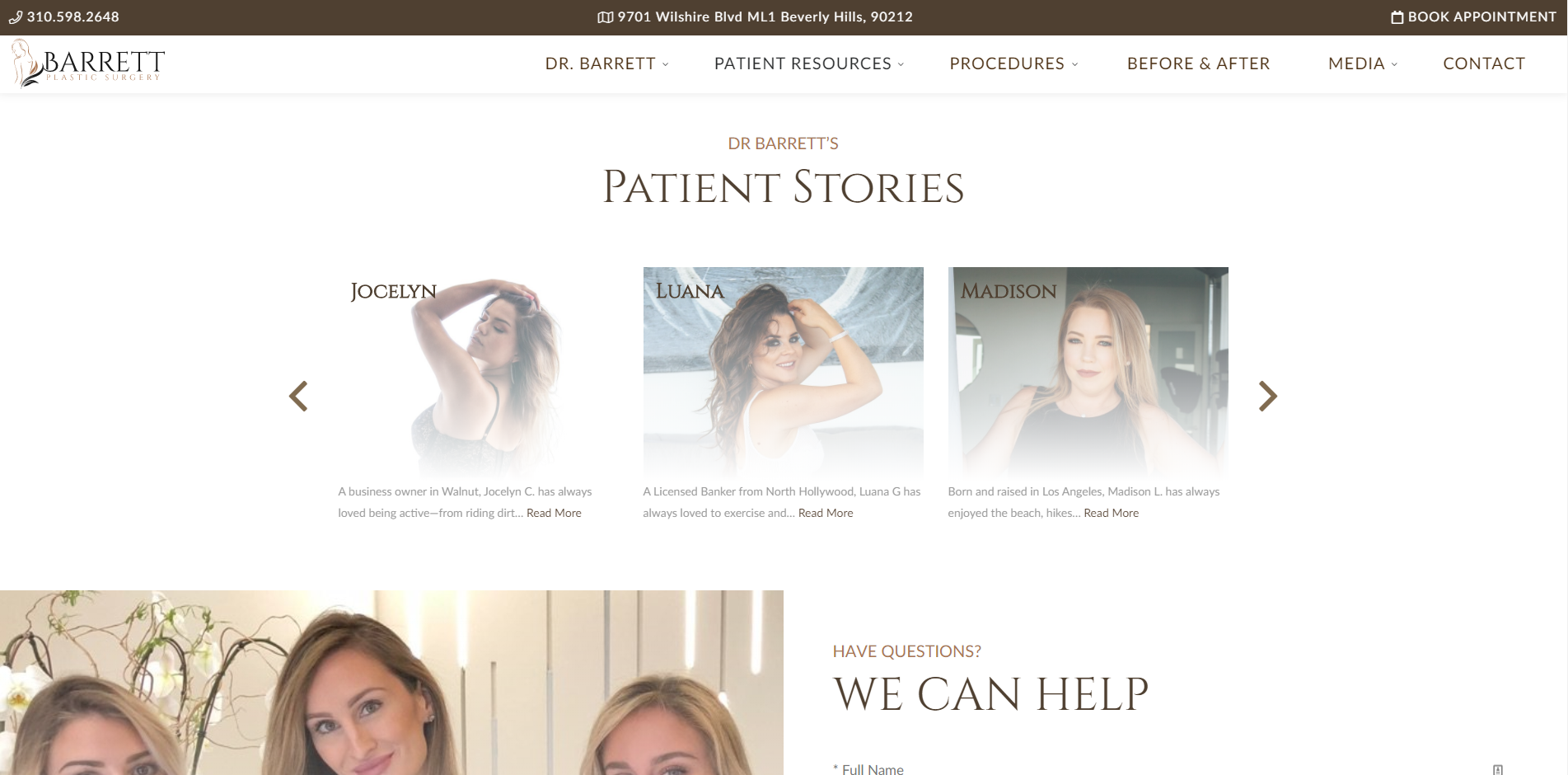 Barrett Plastic Surgery patient stories, which feature the name and photograph of the patient.