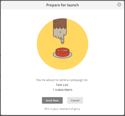 Mailchimp's large, sweaty monkey finger hovering over a red button. When you click "Send now," it presses the button.