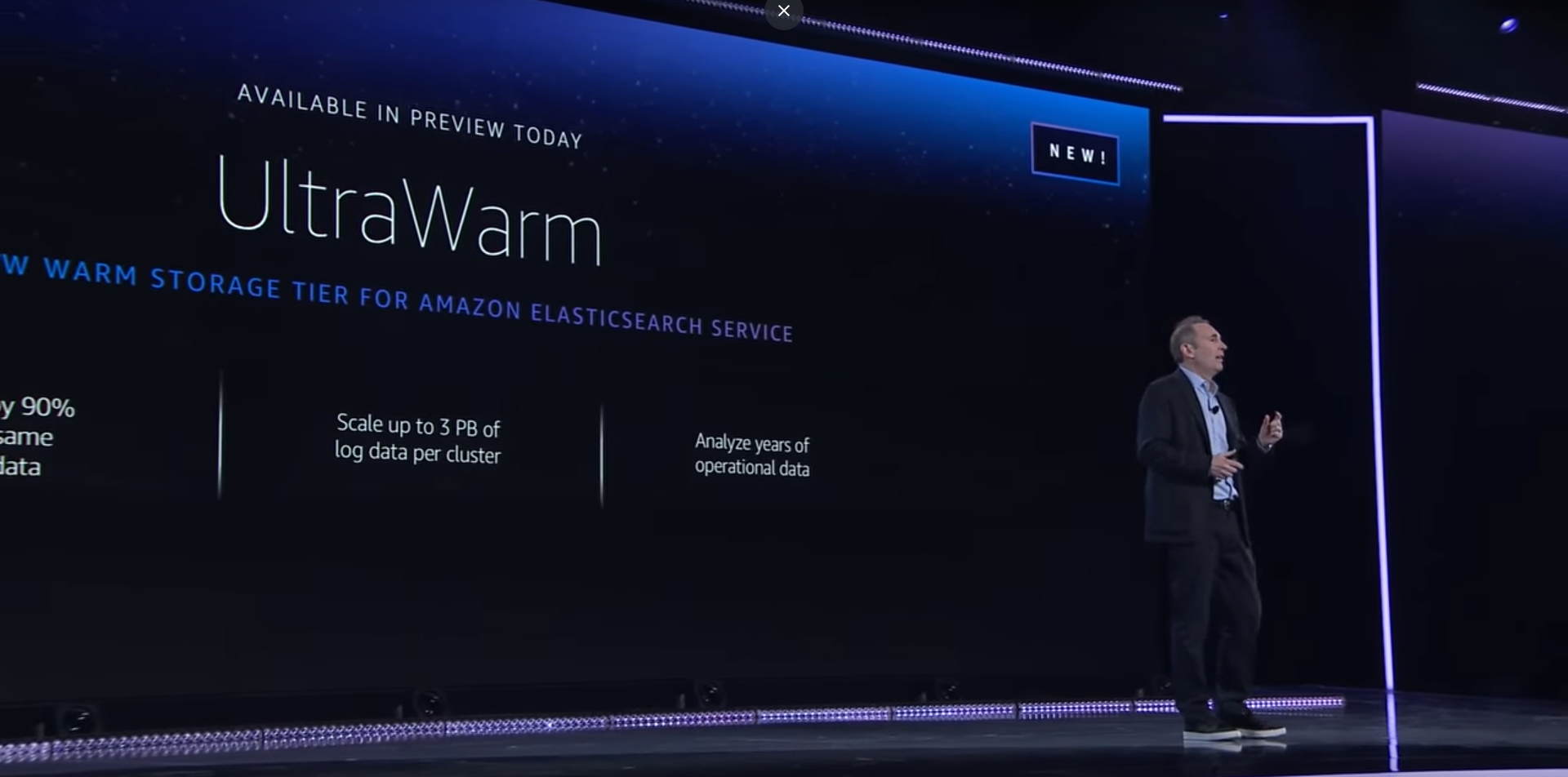 AWS CEO Andy Jassy announcing Amazon UltraWarm at AWS re:Invent 2019