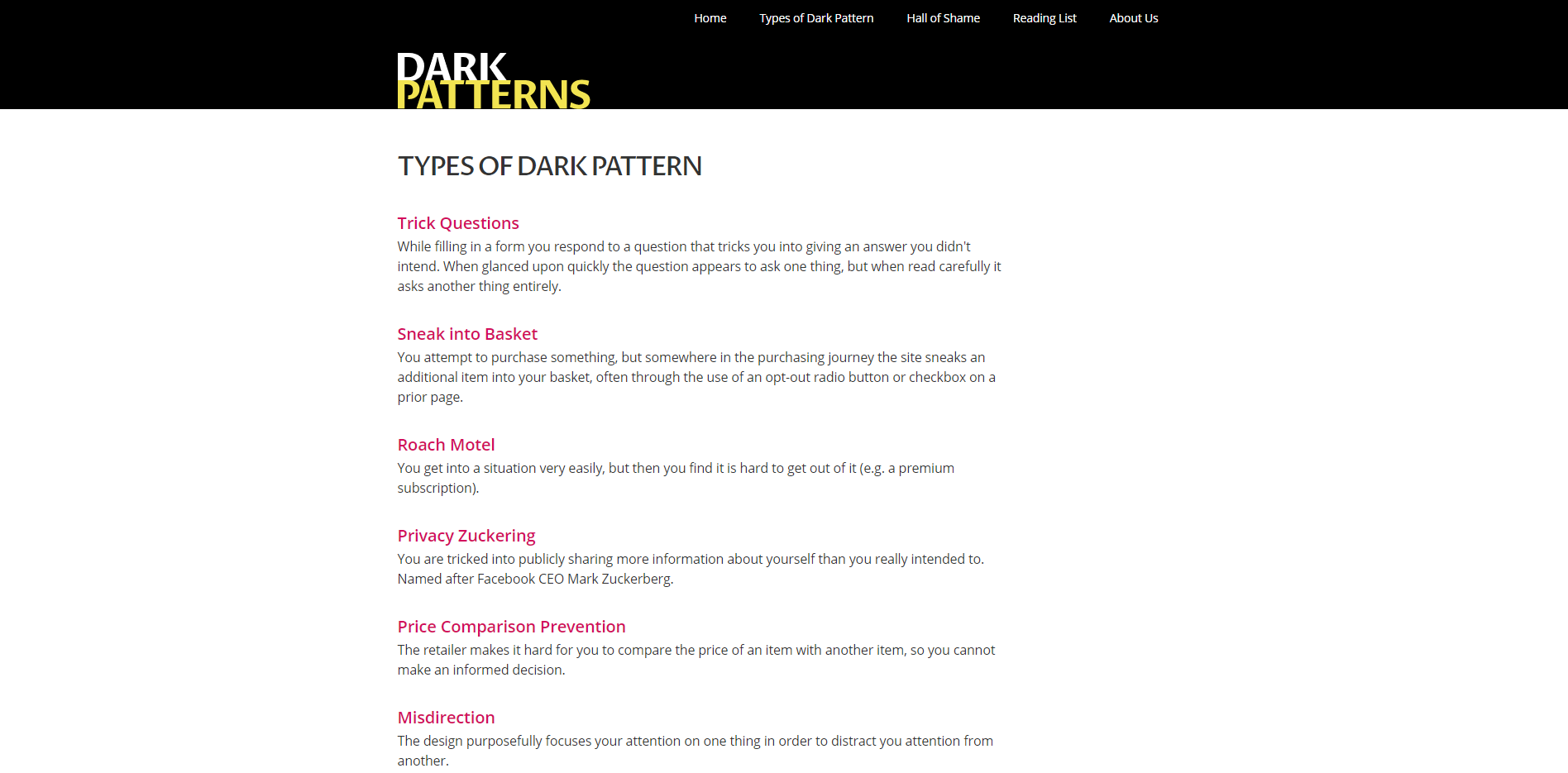 Dark Patterns website