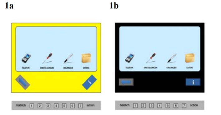 The two UIs repeated throughout the study. 1a is bright yellow with crooked buttons. 1b is black and straight.