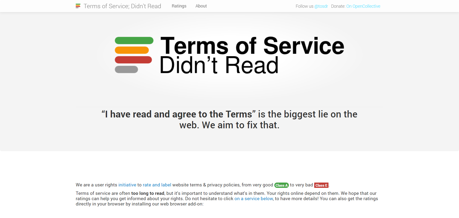 A screenshot of the Terms of Service; Didn't Read website