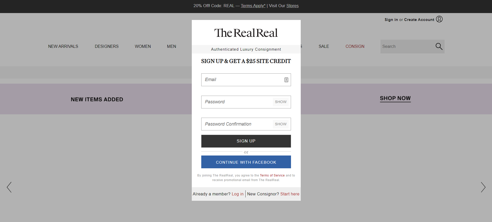 TheRealReal signup popup