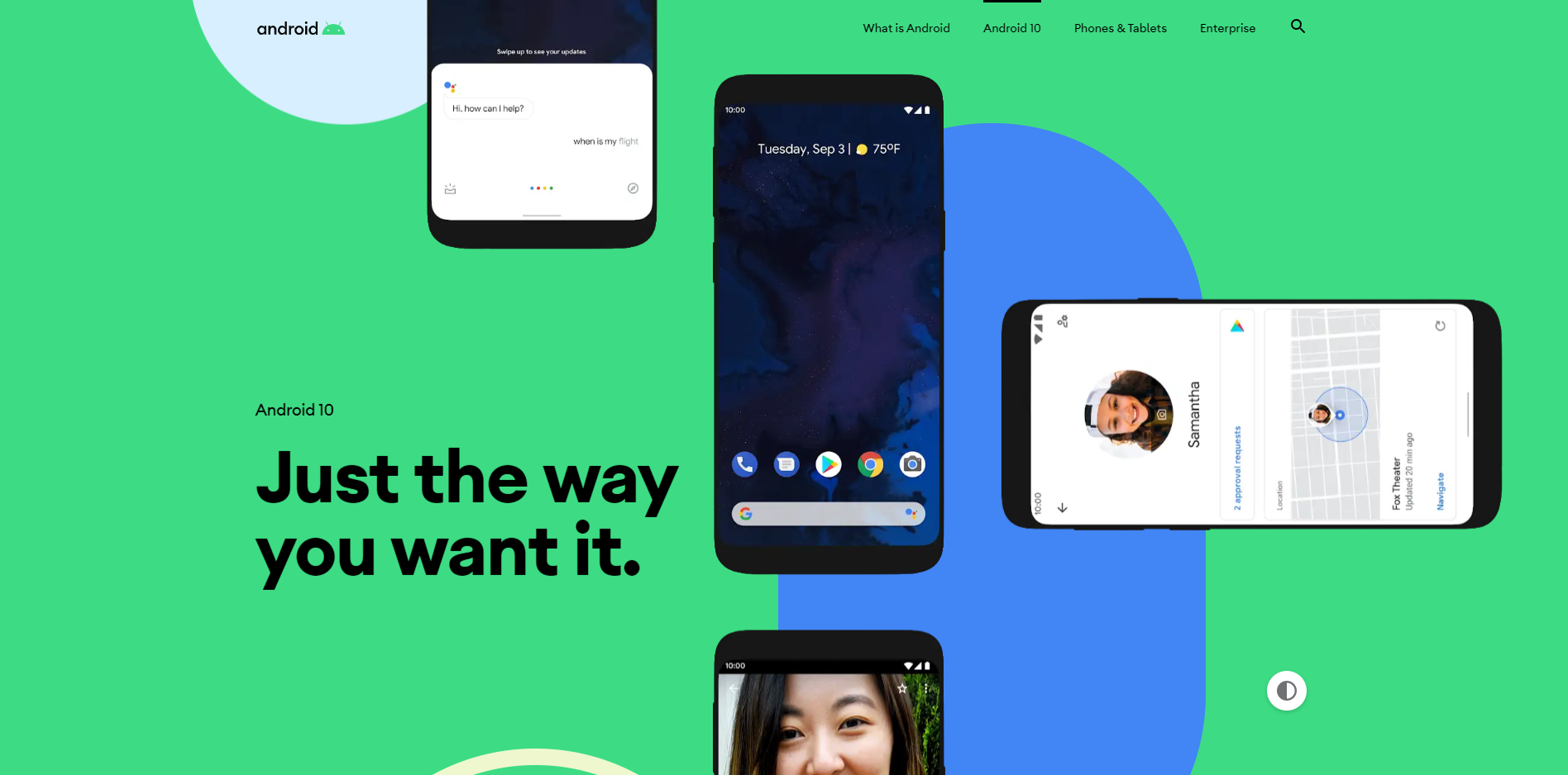 the android 10 landing page