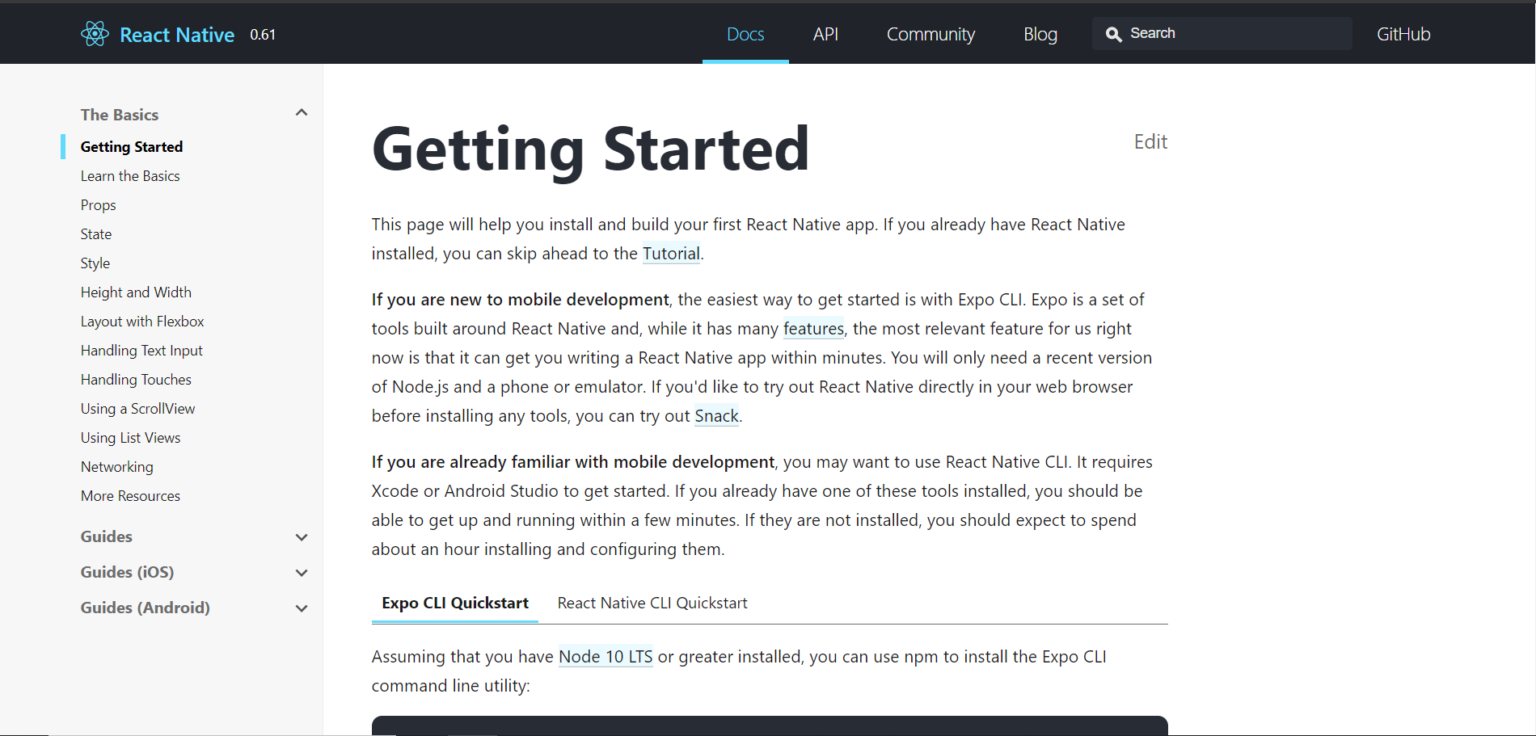A screenshot of React Native's documentation