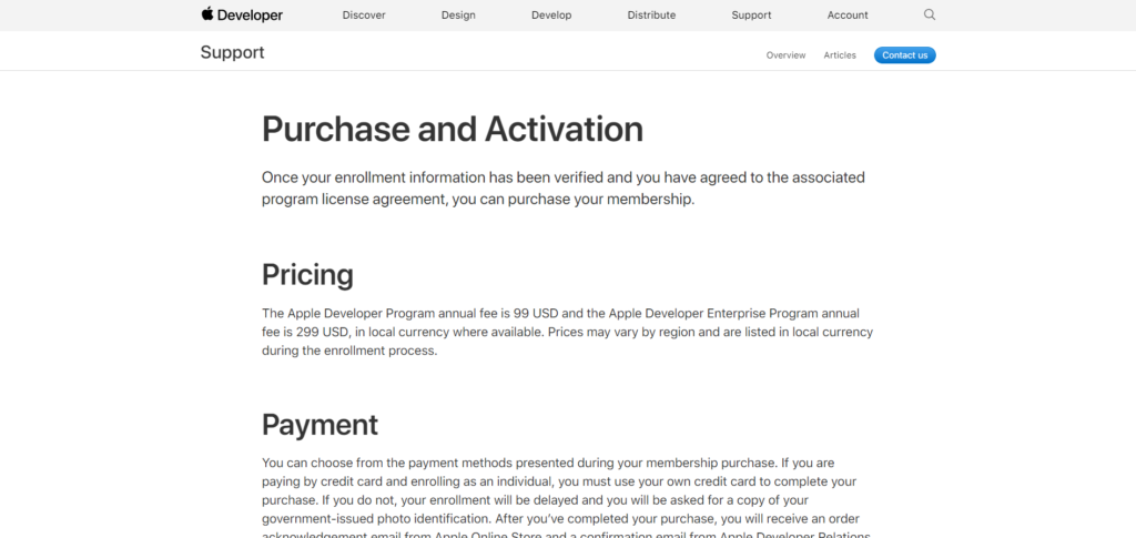 A screenshot of the apple developer purchase and activation page