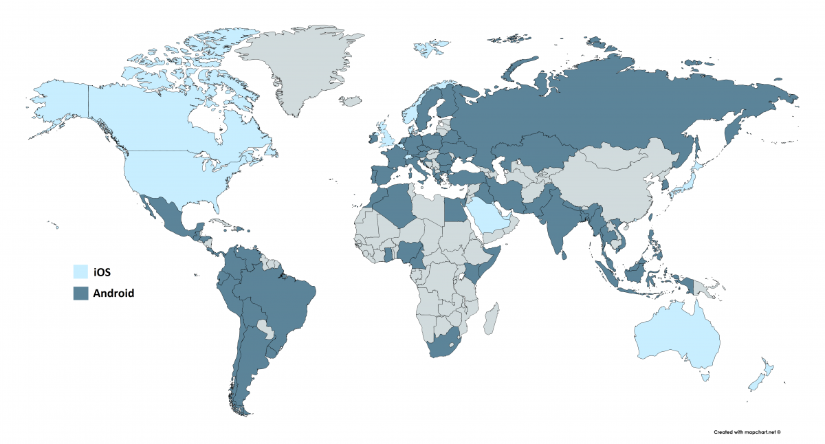 iOS vs Android app development market share per country (from Device Atlas)