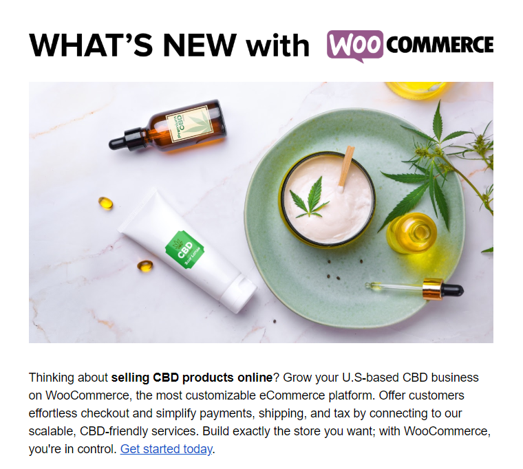 A WooCommerce email that encourages users to sell CBD on WooCommerce