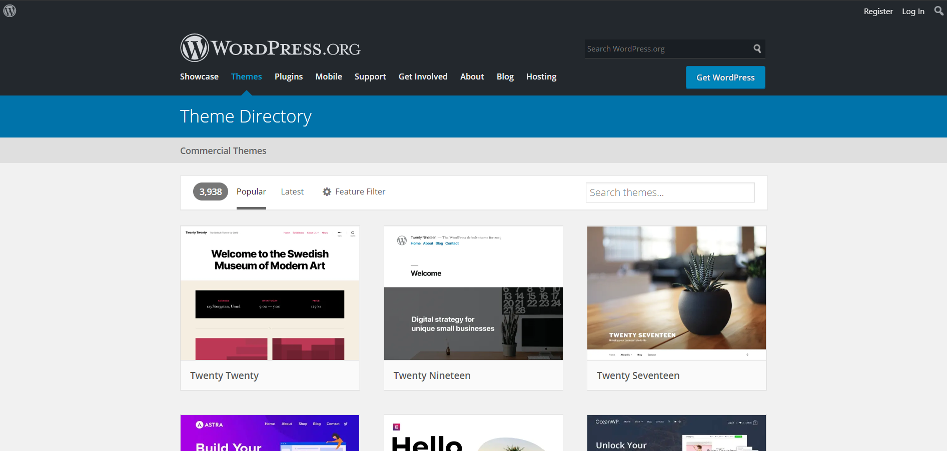 The WordPress themes page