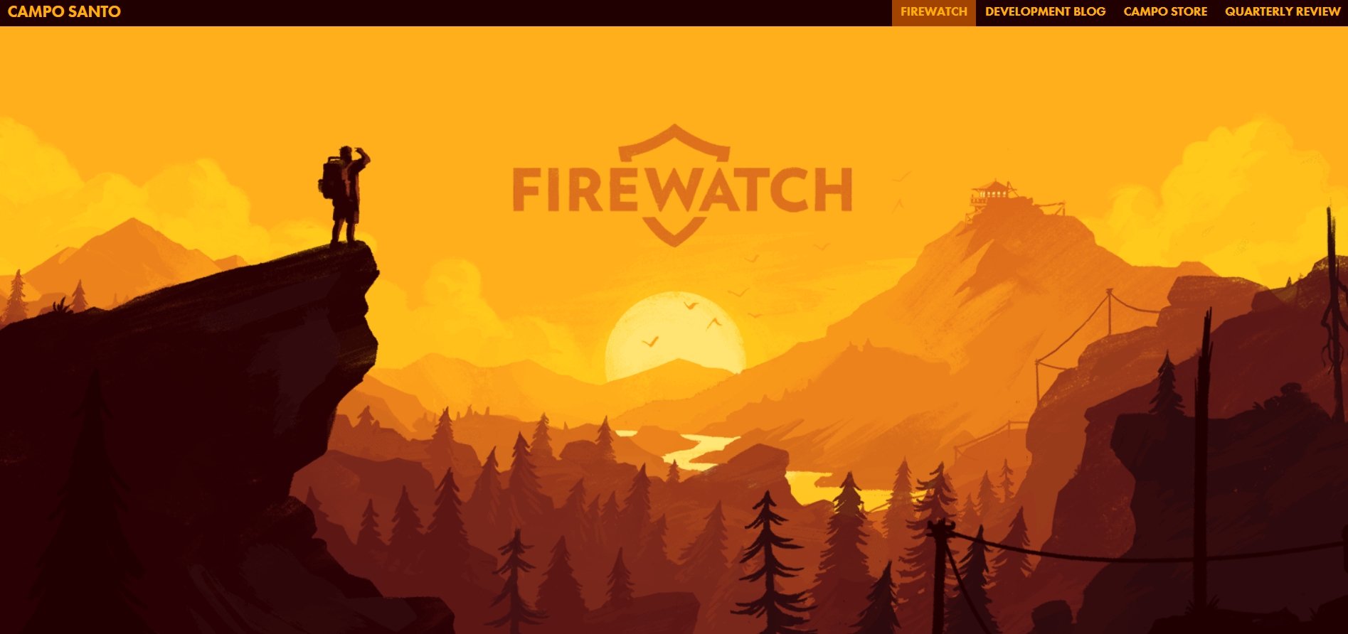 Firewatch website, featuring a man on a cliff overlooking a sunset