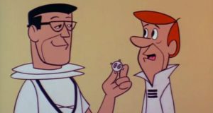 Doctor showing George Jetson the camera. 