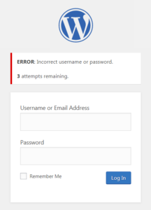 WordPress login displaying a "3 attempts remaining" message