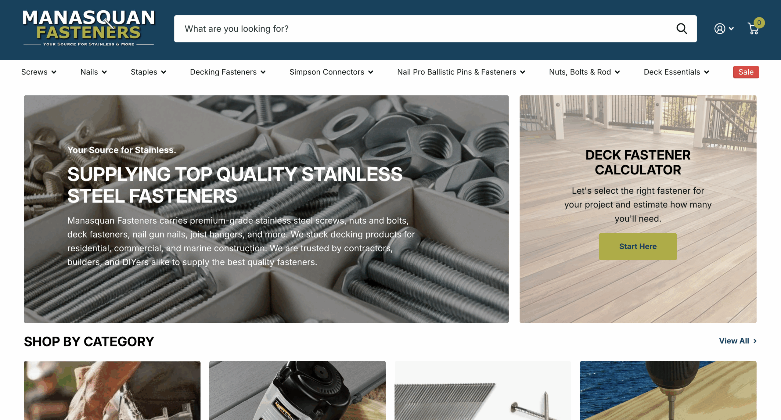 Manasquan Fasteners homepage, Shopify industrial store