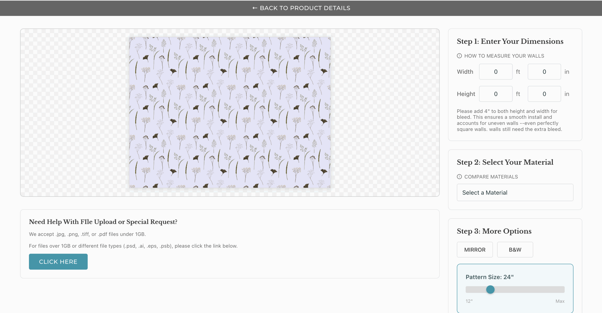 Image of Applied Coverings custom product builder that uses dimensions