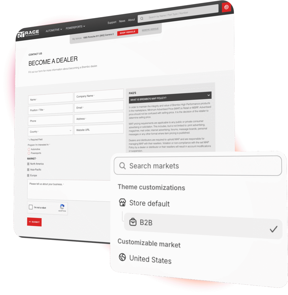 Race Technologies dealer quick order form built on Shopify B2B and Algolia