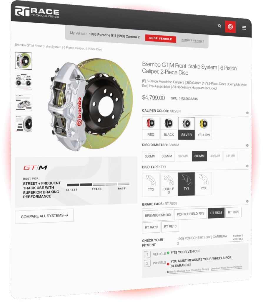 Brembo GT brake system configurator on Shopify Plus with disc, caliper color and pad compound options