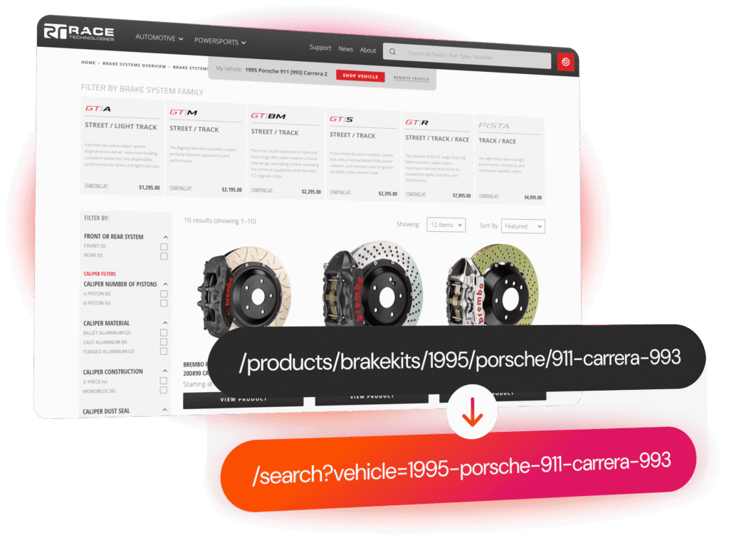 Race Technologies search page on Shopify with the vehicle selector pre-filled from a legacy URL redirect
