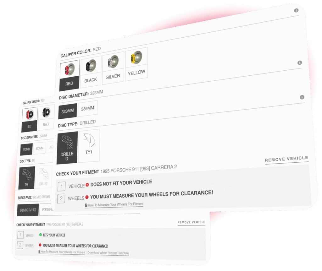 Brembo brake kit product page on Shopify showing a vehicle-specific "WILL NOT FIT CARS WITH" fitment note